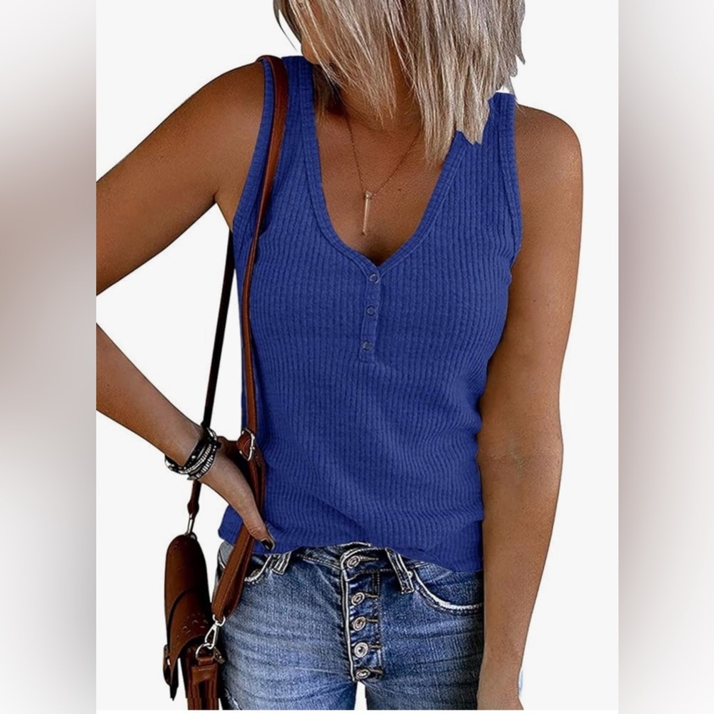 MEROKEETY Women's V Neck Tank Top Sleeveless Ribbed Button Blue Shirt Size L